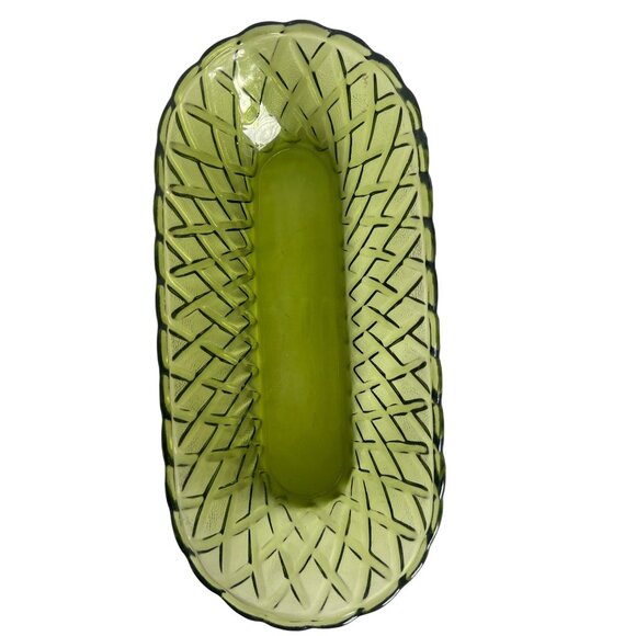 Vintage Indiana Green Avocado Glass Oval Bread Tray Diamond Lattice Pattern - Picture 1 of 8